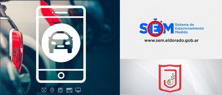 Sobre una imagen de partes traseras de los autos se ve una imagen de contorno de un celular con un auto adentro. Tiene además el logo de SEM y el de la municipalidad de Eldorado