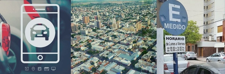 La información sobre SEM se implementará en Santa Rosa La Pampa está acompañada por una imagen aéra de la ciudad con un cartel de estacionamiento medido y la ilustración de los bordes de un celular en color blanco. En el medio del celular un círculo blanco con la imagen de un auto estacionado