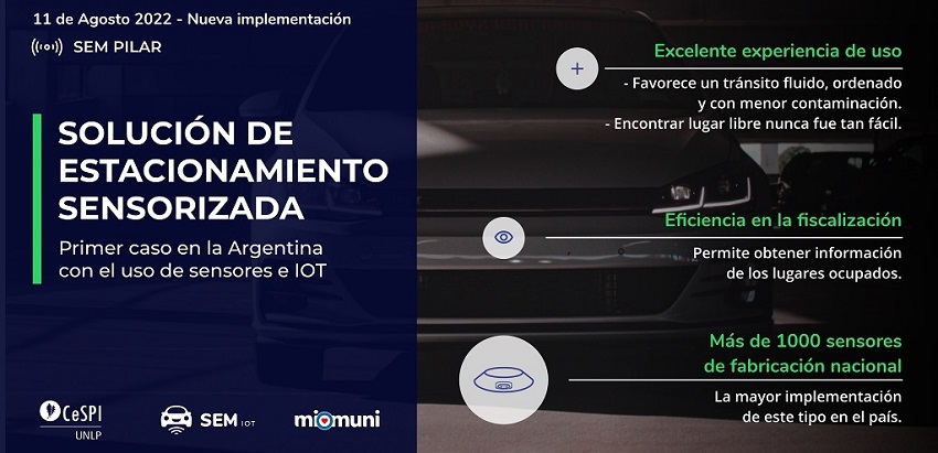 Un auto de frente en escala de grises de fondo con información sobre el Proyecto de estaconamiento inteligente o solución de estacionamiento sensorizada.
