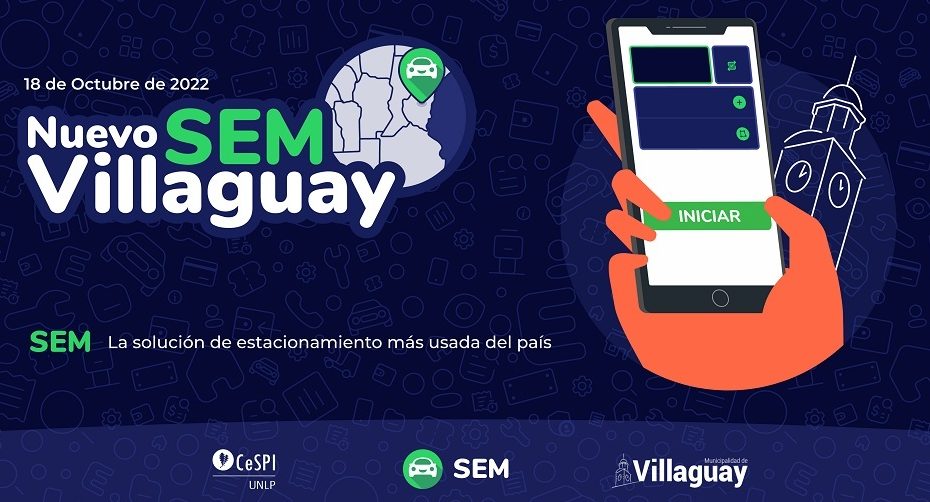 SEM se implementa en Willaguay. Una mano sostiene un celular que simula mostrar el SEM, al costado la ilustración de la torre municipal. Un mapa parcial de Argentina muestra la provincia de Entre Ríos con la ubicación de Villaguay. La imagen lleva los logos del CeSPI, el SEM y del municipio de Villaguay