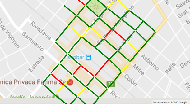 mapa de una ciudad con SEM donde se ven las líneas verdes, amarillas y rojas que muestran los lugares disponibles para estacionar