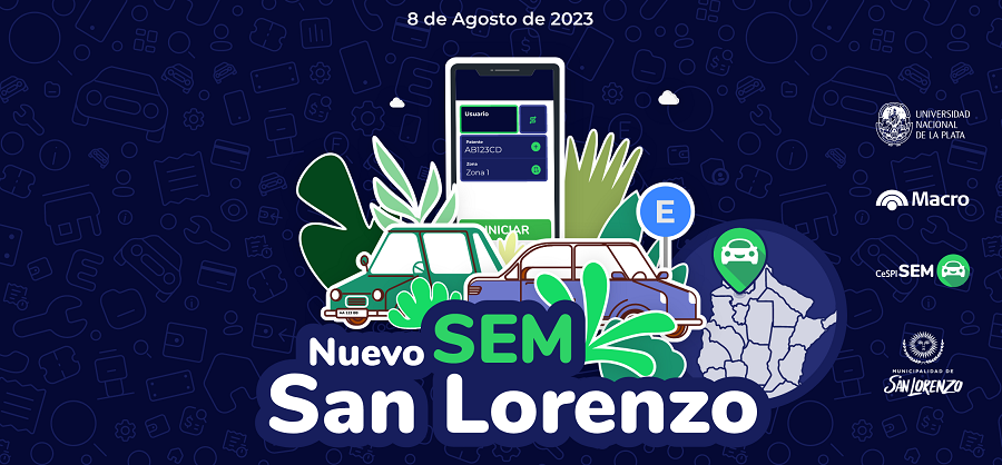 La información sobre el SEM en San Lorenzo, Salta, está dispuesta sobre un fondo azul. En el medio hay una ilustración que contiene dos autos, un celular, carteles de estacionamiento y plantas.