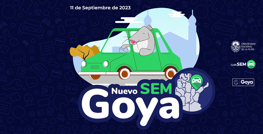 La informanión de Nuevo SEM en Goya está ubicada sobre un fondo azul con relieves de auto, un mapa de Argentina que señala el sitio e ilustraciones de un auto en color verde con un caballo, la silueta de la municipalidad y un árbol