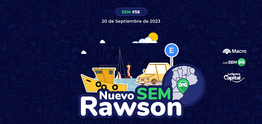 Sobre un fondo azul oscuro con textura, se ven ilustraciones referidas a la implementación del SEM en la ciudad de Rawson. Se acompaña la ilustración con la fecha y los logos de las instituciones intervinientes.