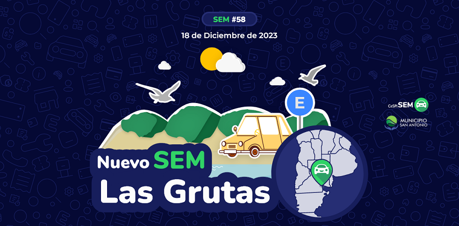 La información sobre la implementación de SEM en Las Grutas está sobre un fondo azul texturado con autos,casas, herramientas, celulares y tikets. Tiene el logo de CeSPI-SEM y el municipio de San Antonio. Acompaña ilustración de un auto, un cartel de estacionamiento, médanos, gaviotas, nueves y sol. Además de un mapa con la ubicación de la localidad