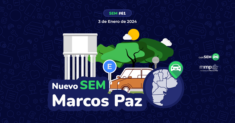 La información sobre la implementación de SEM en la localidad de Marcos Paz se encuentra dispuesta sobre un fondo azul con relieves que hacen referencia al SEM. Está acompañada por un mapa de Argentina con la ubicación del sitio dónde se implementa el sistema de estacionamiento medido. Ilustraciones con árboles y automotor completan el banner.
