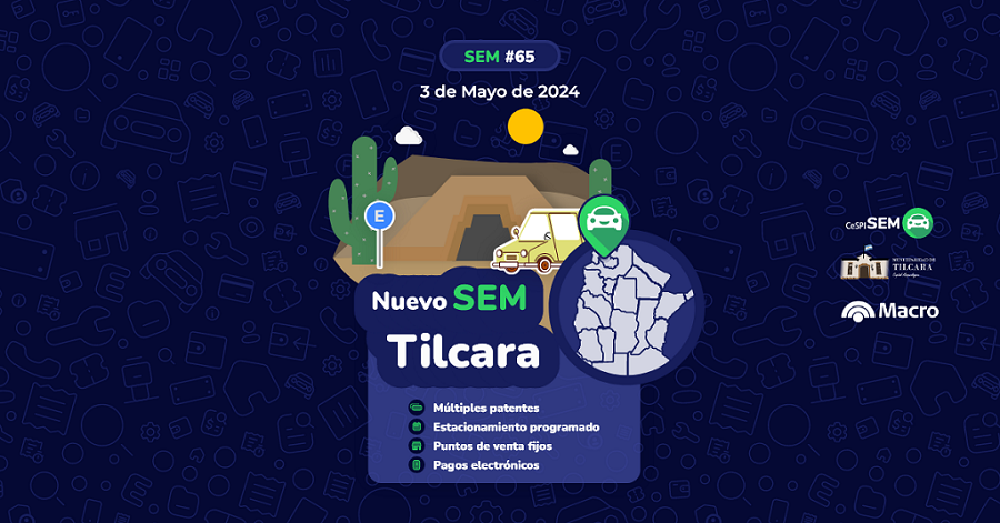 SEM en Tilcara: información desarrollada en un fondo texturado azul con dibujos en tonos más claros. Un dibujo de montañas, cactus, un auto, una señal de estacionamiento y un mapa de la región norte del país con en globito verde con un auto blanco que indica la localización de Tilcara. Adjunto va logo CeSPI-SEM, Municipio de Tilcara y Banco Macro. Hay un listado de items que describen la solución.