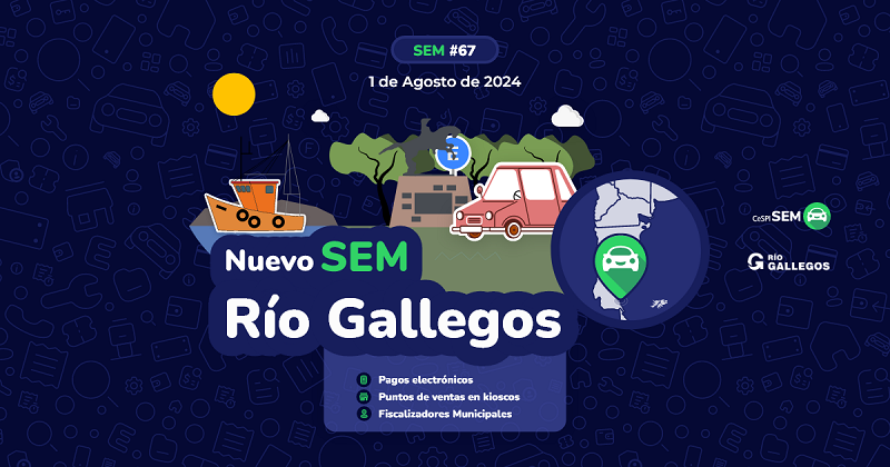 La información sobre la implementación de SEM en Río Gallegos está dispuesta sobre un fondo azul con ilustraciones alusivas: árboles, un auto color rosado, un pequeño barco y un mojón. También tiene un cartel de estacionamiento y un mapa con la ubicación de la ciudad y la enumeración de las ventajas del sistema completan la figura.